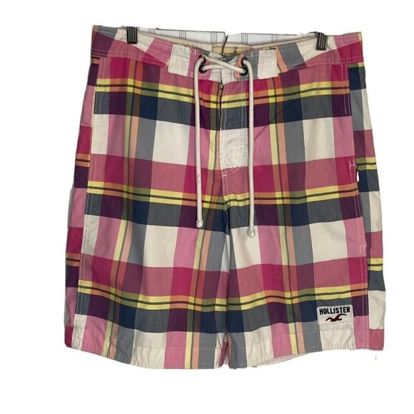 Hollister California Men’s Pink Blue Plaid Drawstring Lined Board Swim Shorts-M - Picture 1 of 16